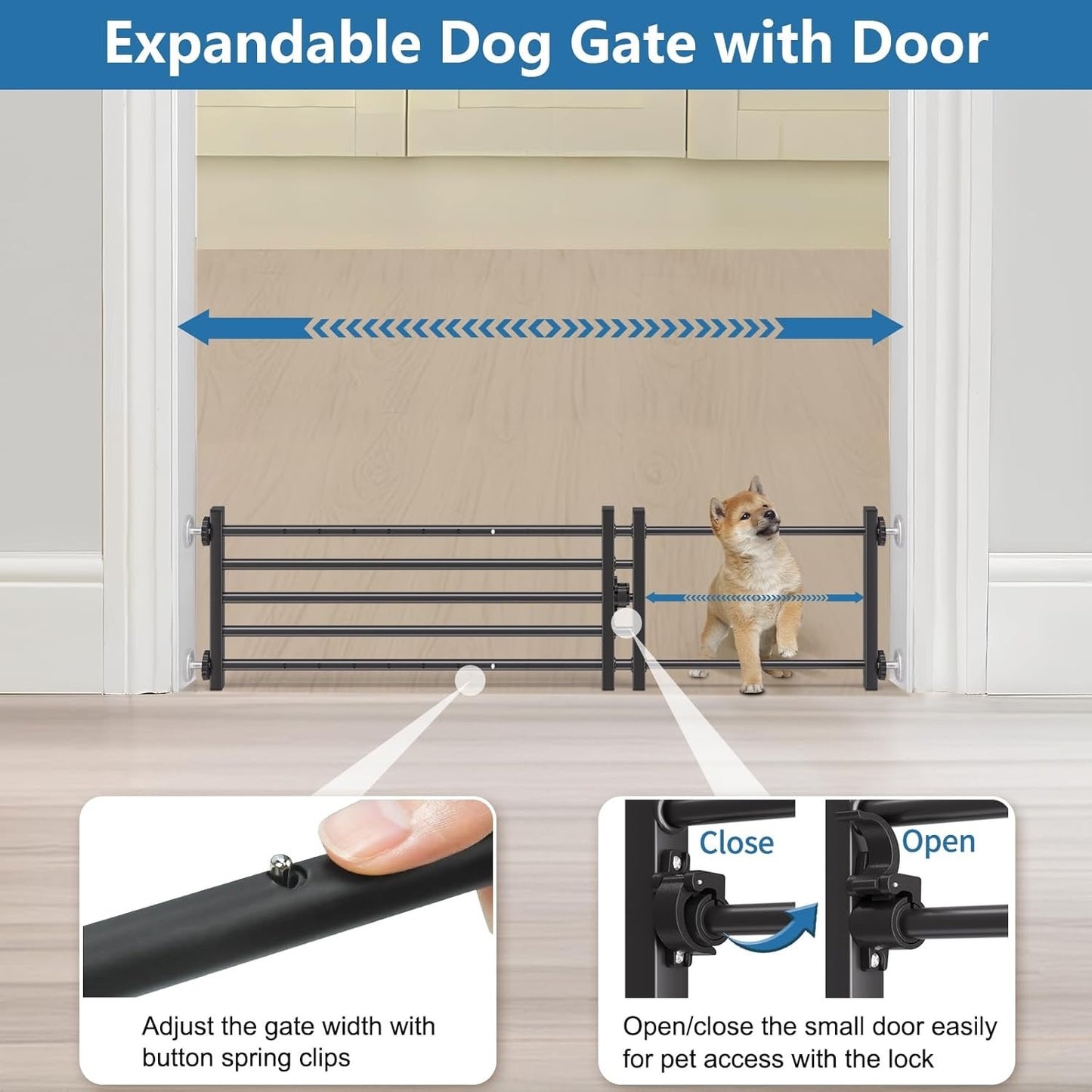 Malier Indoor Dog Gate With Door, 26-41" Extra Wide Full Metal Pet Gate Short Dog Gate For Stairs, Pressure Mount 10'' Tall Small Puppy Low Gate Easy Step Over For Doorways-Black