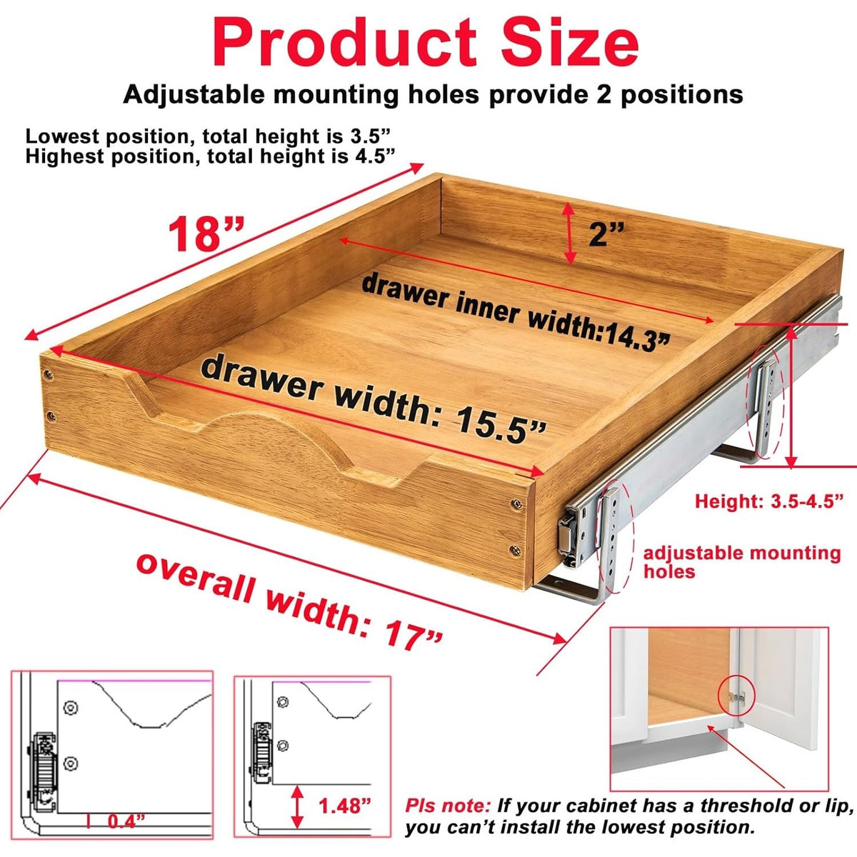 DINDON Pull Out Cabinet Organizer (17" W x 18" D) 1 Tier?Single Tier Oak Wood Under Cabinet Slide Out Shelf Drawer Box…