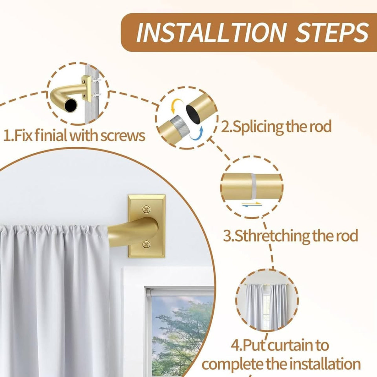 ZYRW Gold Curtain Rods, Room Darkening Rod For Windows 48 To 90 Inches-Gold