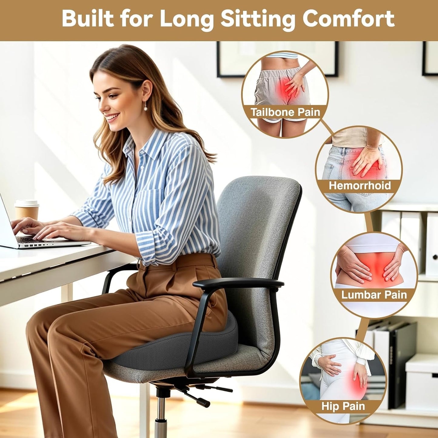 TushGuard Ergonomic Seat Cushion With Coccyx Cutout - 4-Zone Structure Office Chair Cushions For Tailbone Pressure Relief, Non-Slip Chair Pad With Washable Cover For Car, Office, Wheelchair, Grey
