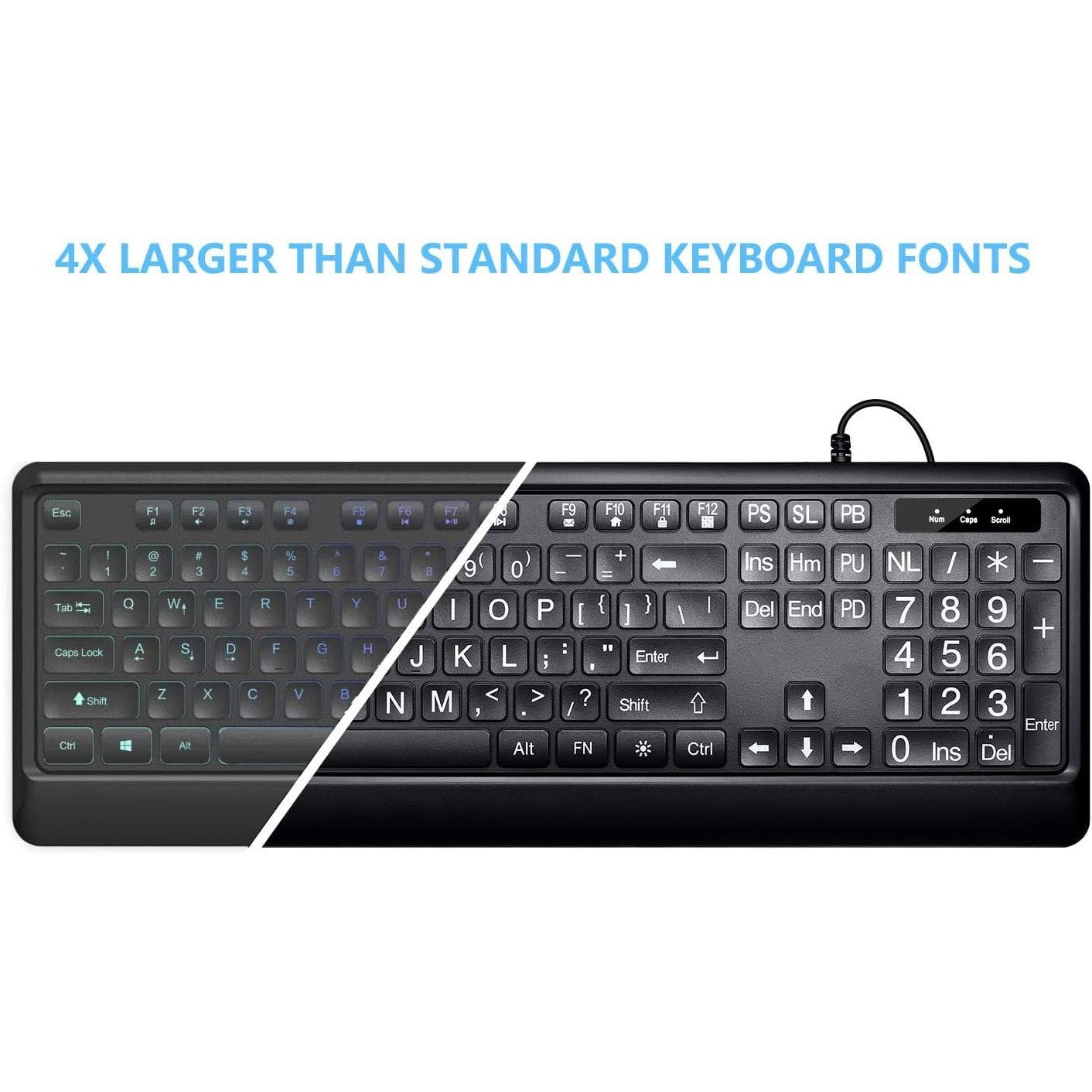 KOPJIPPOM Large Print Backlit Keyboard, USB Wired Computer Keyboard, Full Size Keyboard With White Illuminated LED Compatible For Windows Desktop, Laptop, PC, Gaming, Black