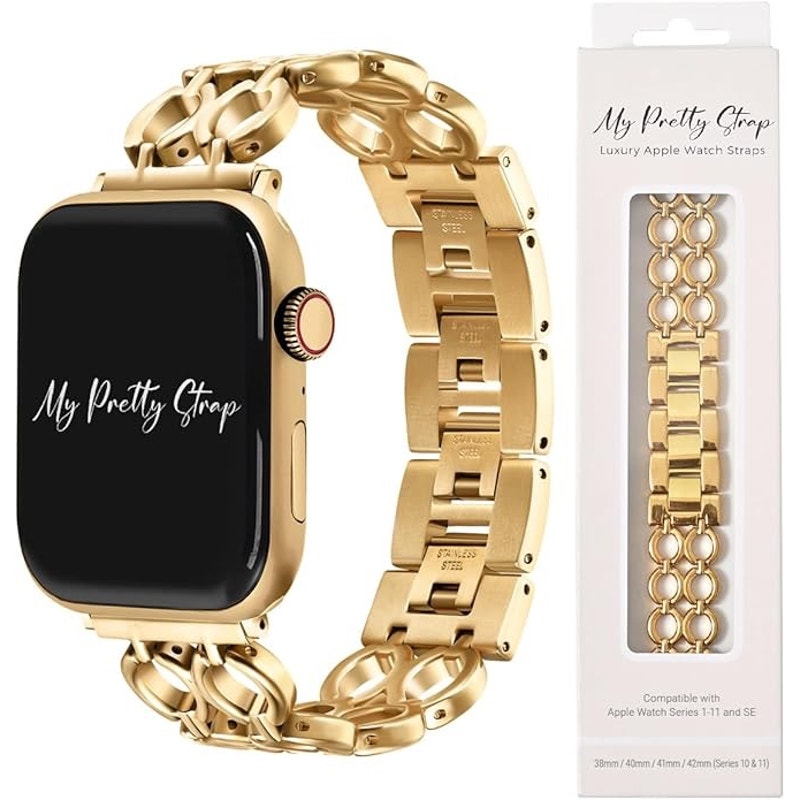 My Pretty Strap- Compatible Apple Watch Band - Stainless Steel IWatch Strap For Women - Adjustable Strap (5.3" - 7") - Series 1-10, SE & Ultra (38/40 41/42/44/45/49) - Gold Gemina.