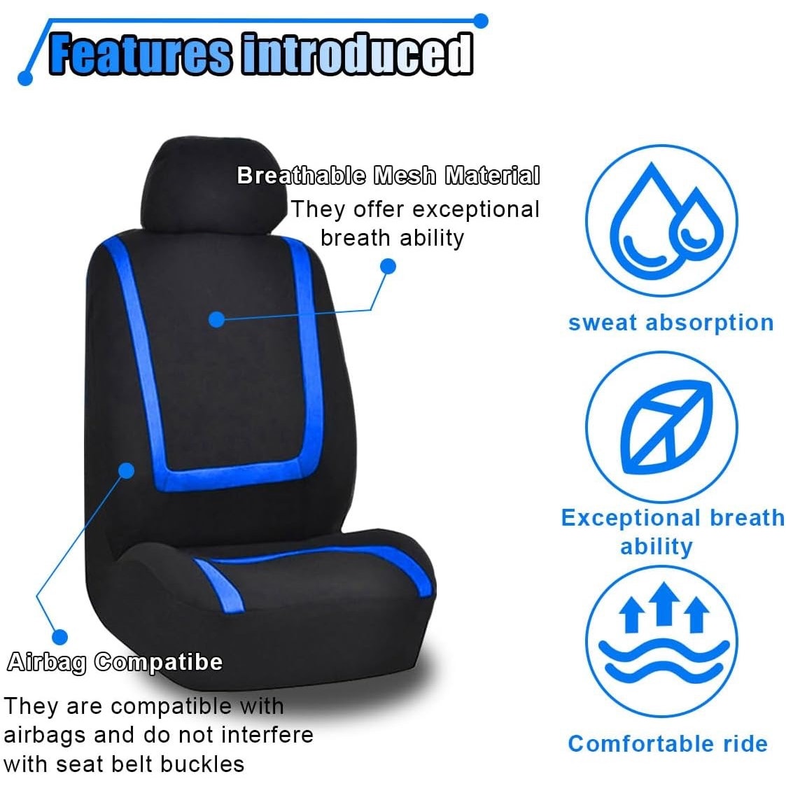 LAINLOY 2 pc Car Seat Covers, Breathable Seat Protectors, Anti-Slip Driver Seat Cover, Comfortable Front Seat Cover Set Universal Fit For Truck, SUV, Sedan, Airbag Compatible (Black&Blue).