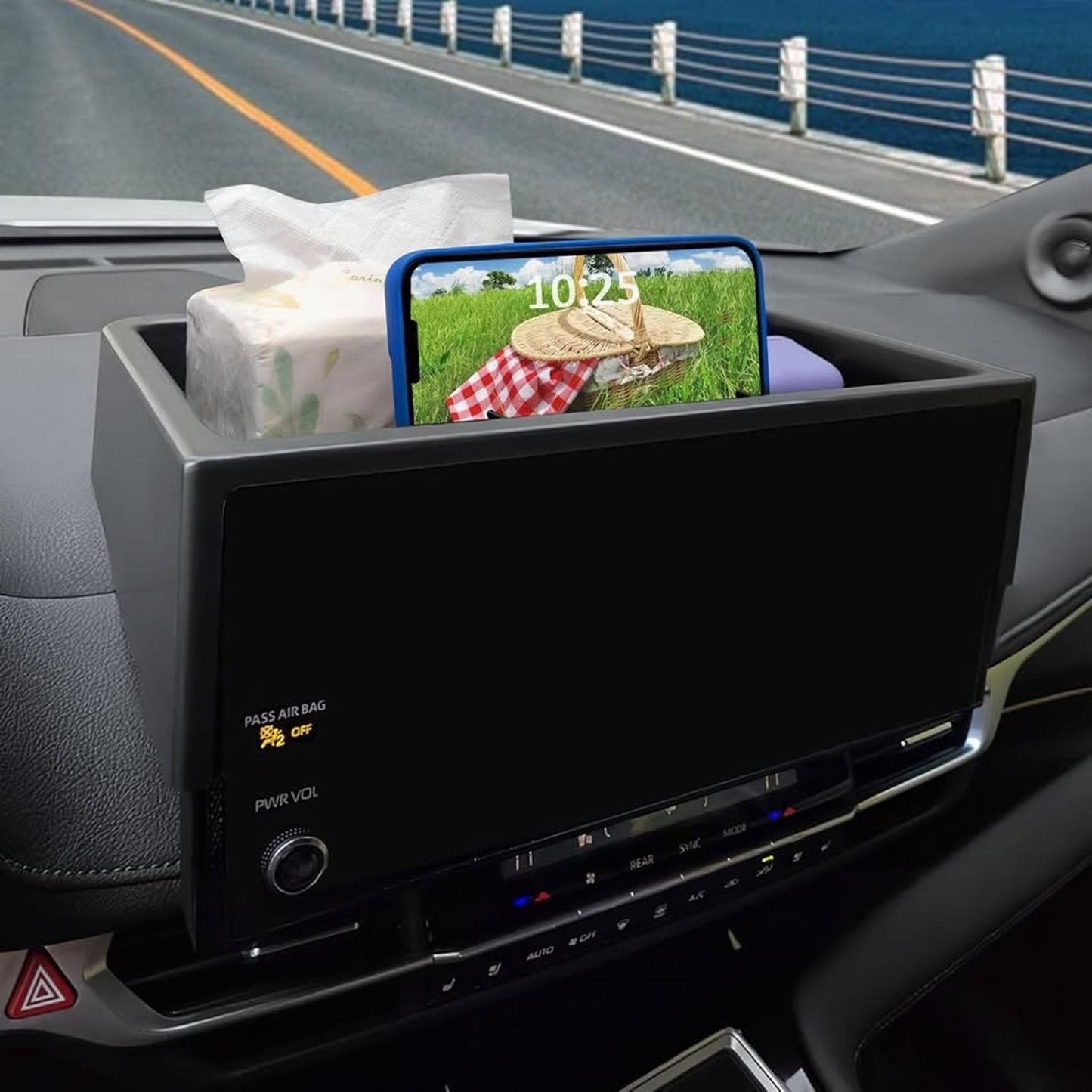 TOPINSTALL 2025 New Dash Tray Phone Holder Compatible With 2025 Toyota Sienna 12.3" Screen, Dashboard Hidden Storage Organizer Behind Screen Tissue Sunglasses Holder(Not For LE Trim With 8" Screen).