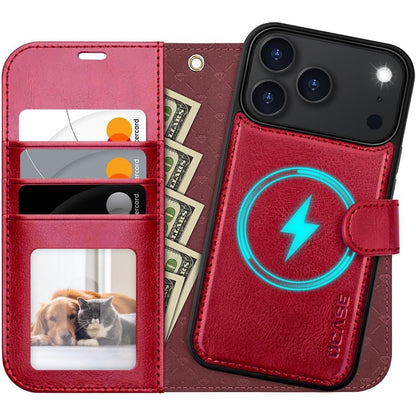 OCASE For IPhone 17 Pro Detachable Wallet Case With Card Holder, 2 In 1 PU Leather Flip Folio With RFID Blocking Stand Wrist Strap Shockproof Phone Cover 6.3 Inch 2025, Red