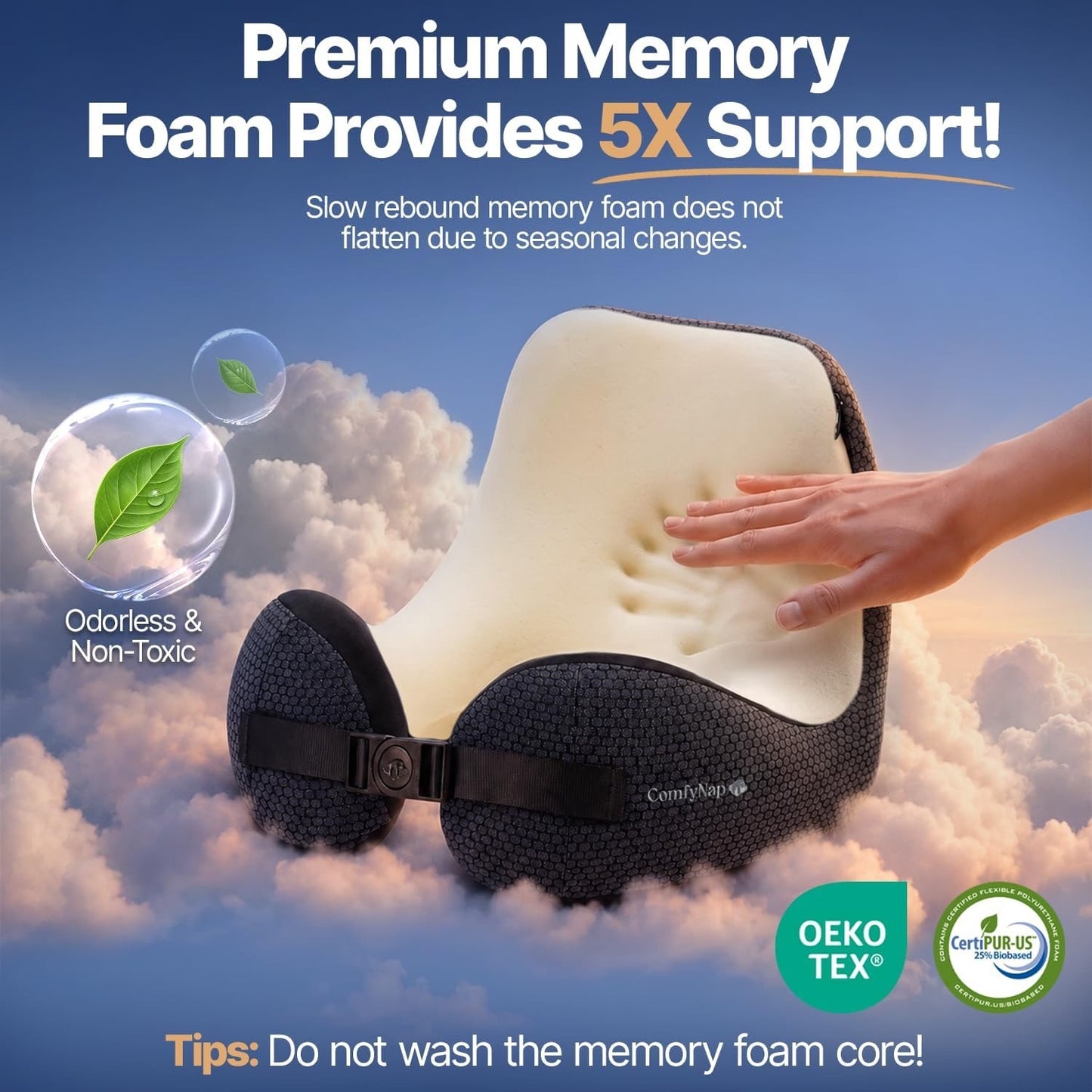ComfyNap® Versatile Travel Neck Pillow For Airplane [Patented], 9 Positions In 3 Techniques, Plane Pillow With Pure Memory Foam, Travel Pillow With HeadRest Flight Sleep, Travel Essential - Mercury.