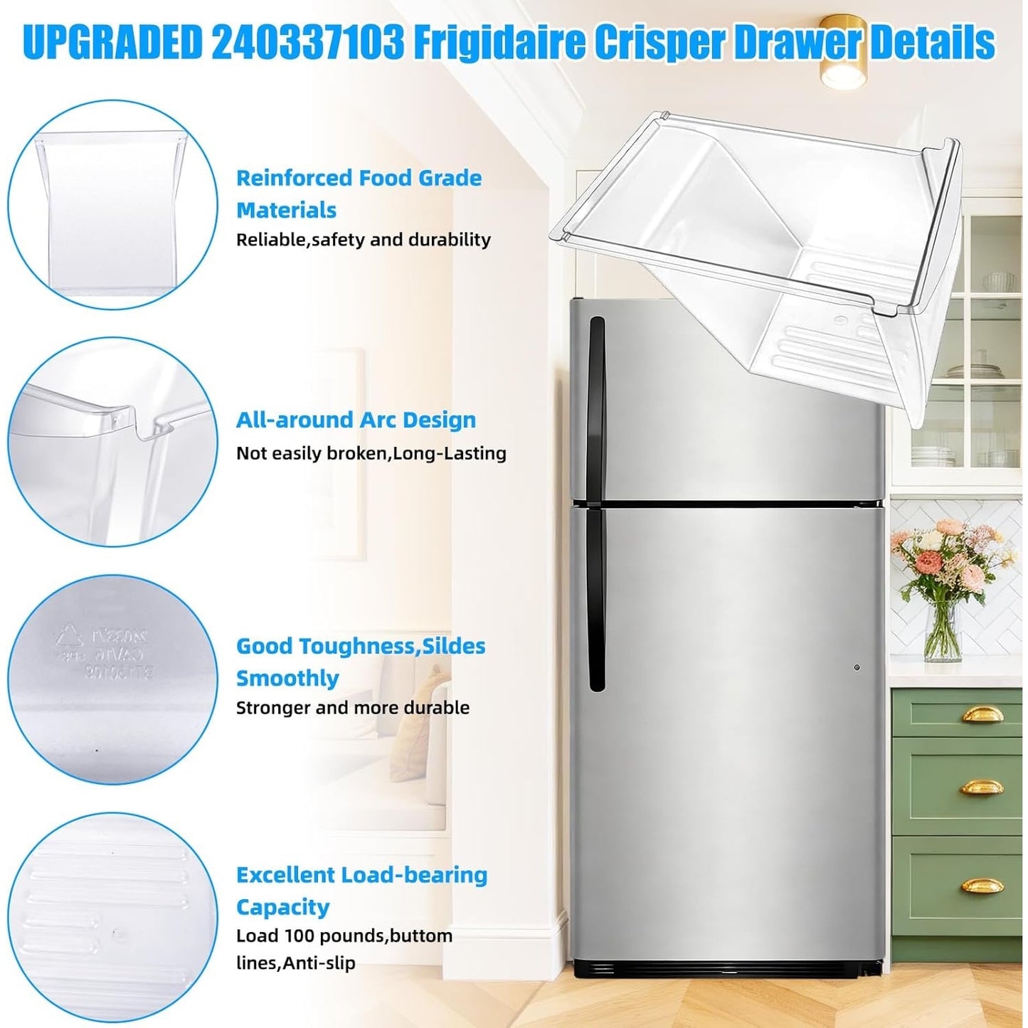 [2 PACK] Upgraded 240337103 Refrigerator Crisper Drawers Bins CompatibleFrigidai