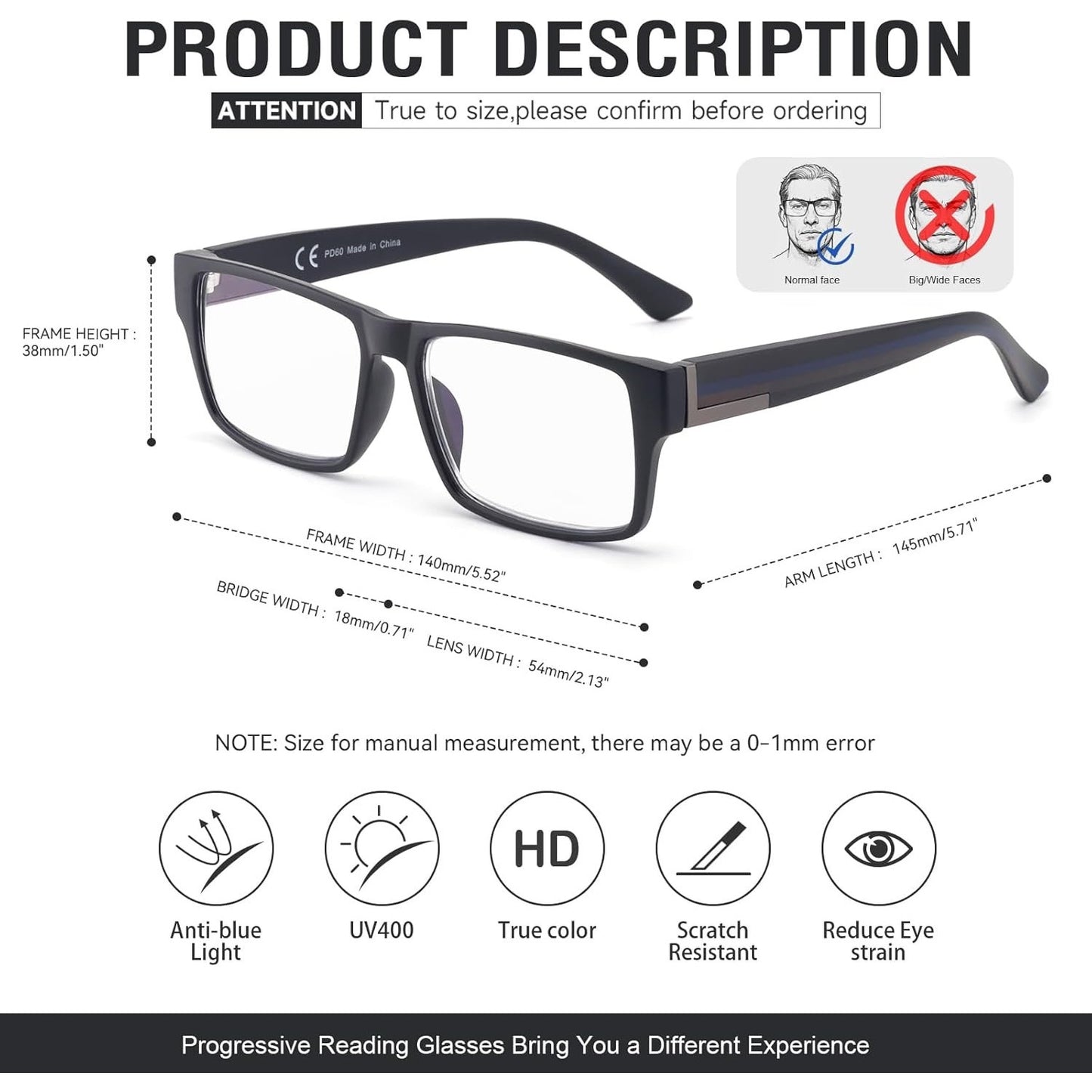 2 Pack Excellent Unbreakable Progressive Multifocus Reading Glasses For Men, TR90 Thick Frame Blue Light Blocking Glasses Anti UV/Eye Strain Computer Readers No-Line Multifocal Eyeglasses, 1.5x