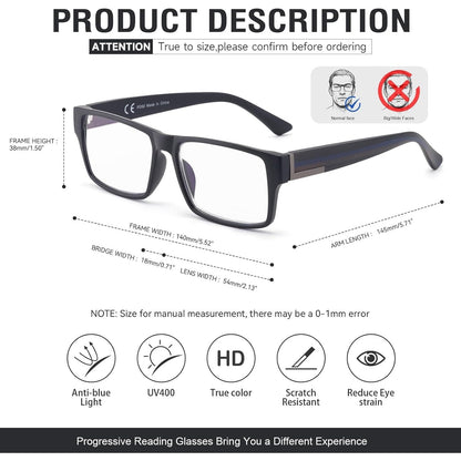 2 Pack Excellent Unbreakable Progressive Multifocus Reading Glasses For Men, TR90 Thick Frame Blue Light Blocking Glasses Anti UV/Eye Strain Computer Readers No-Line Multifocal Eyeglasses, 1.5x