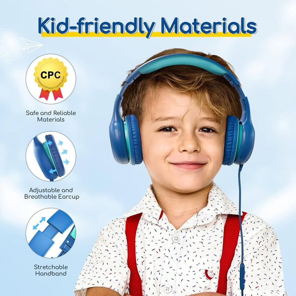 EarFun Kids Headphones Wired With Microphone, 85/94dB Volume Limit Headphon-Blue