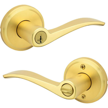 Kwikset Sedona Entry Door Handle With Lock And Key, Secure Keyed Reversible Lever Exterior, For Front Entrance And Bedrooms, Satin Brass, Pick Resistant Smartkey Rekey Security And Microban (No keys / Missing)