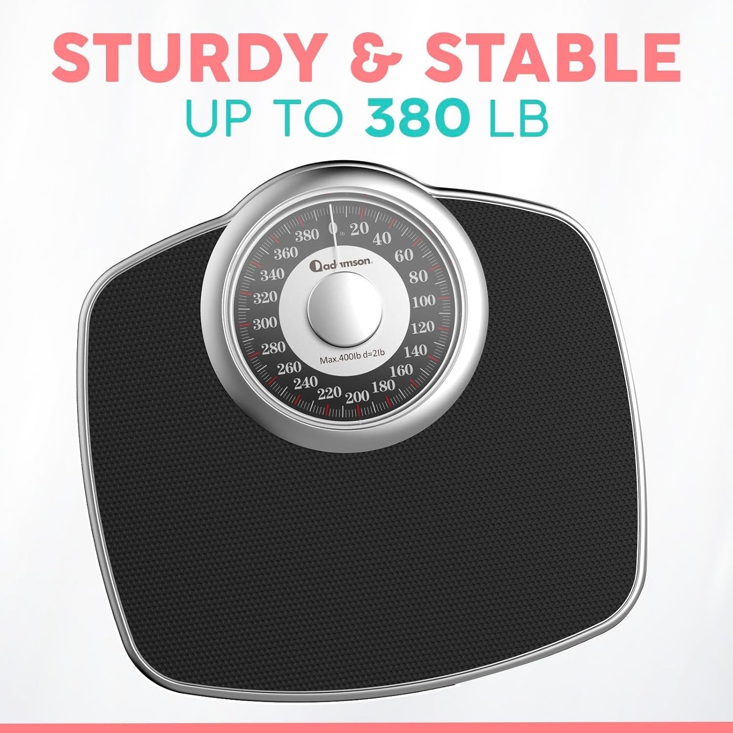 Adamson A25 Scales For Body Weight - Up To 400 LB - New - 5.3" Dial On 12.4" X 10.2" Platform - Anti-Skid Rubber Surface - High Precision Bathroom Scale Analog - Durable With 20-Year Assurance - Black.