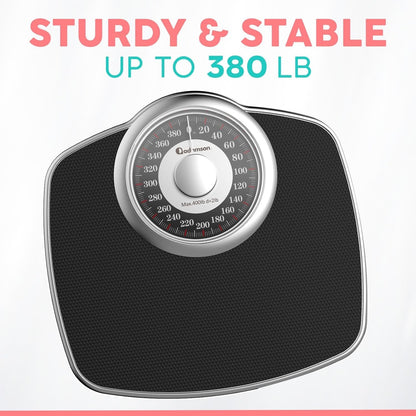 Adamson A25 Scales For Body Weight - Up To 400 LB - New - 5.3" Dial On 12.4" X 10.2" Platform - Anti-Skid Rubber Surface - High Precision Bathroom Scale Analog - Durable With 20-Year Assurance - Black.