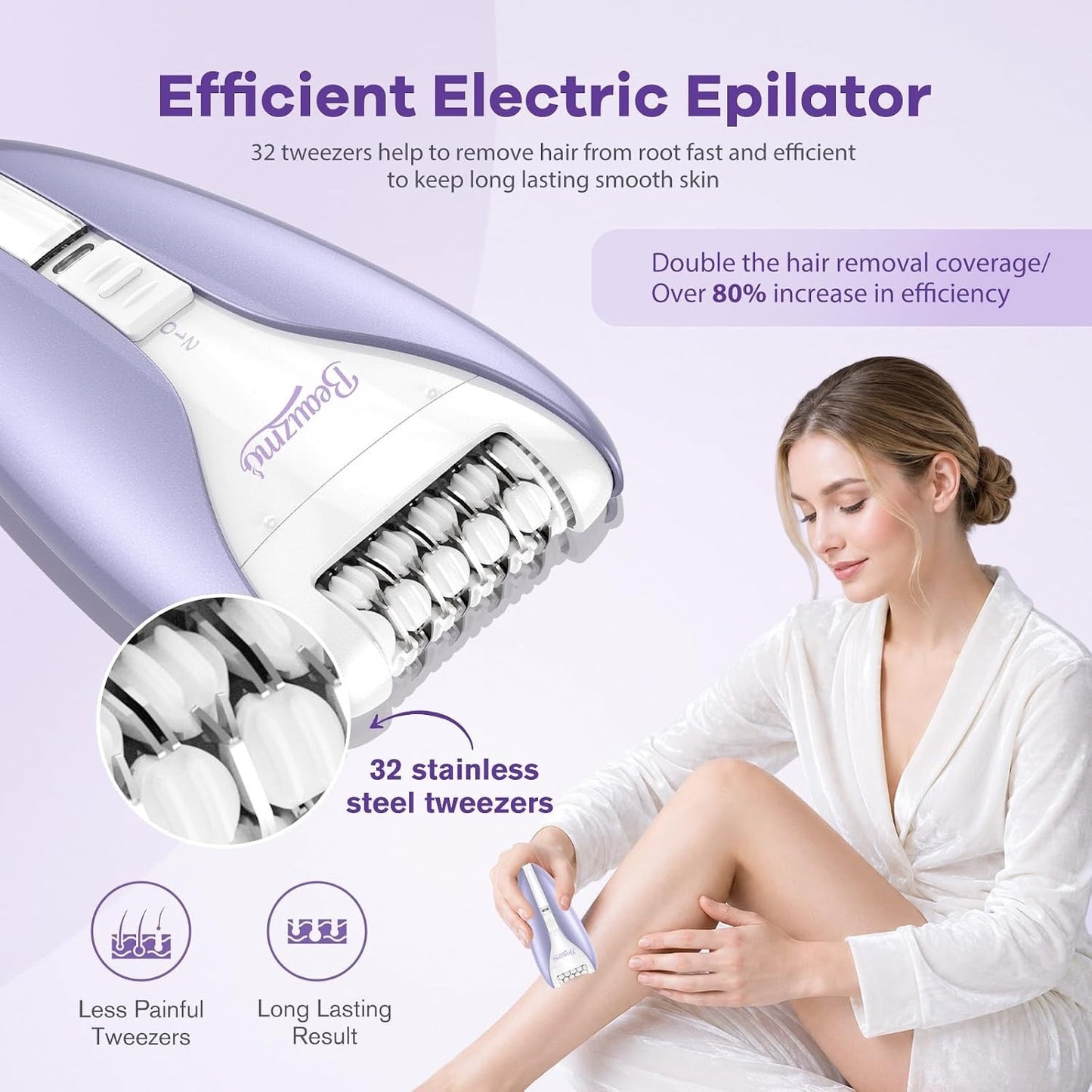 Silent Epilator for Women, 2-Speed Facial & Body Hair Remover, Smooth (Purple)