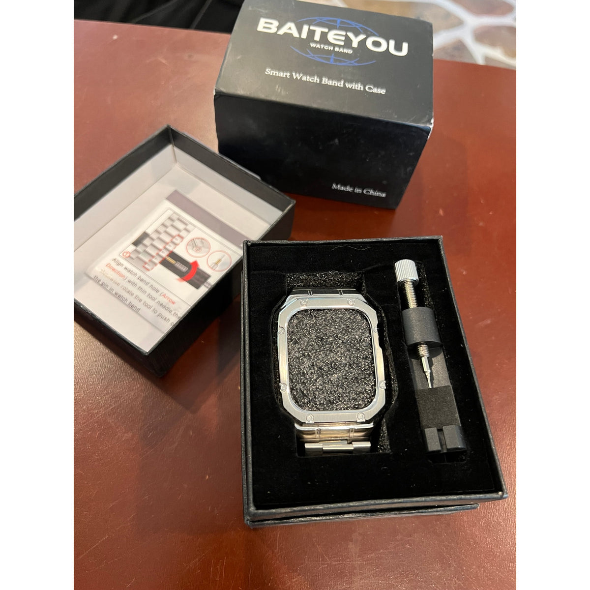 BAITEYOU Stainless Steel Watch Band With Case Compatible With Apple Watch-Silver