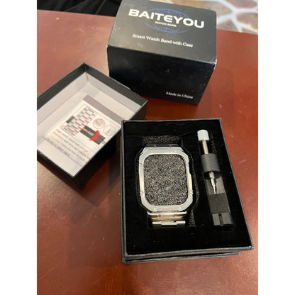 BAITEYOU Stainless Steel Watch Band With Case Compatible With Apple Watch-Silver