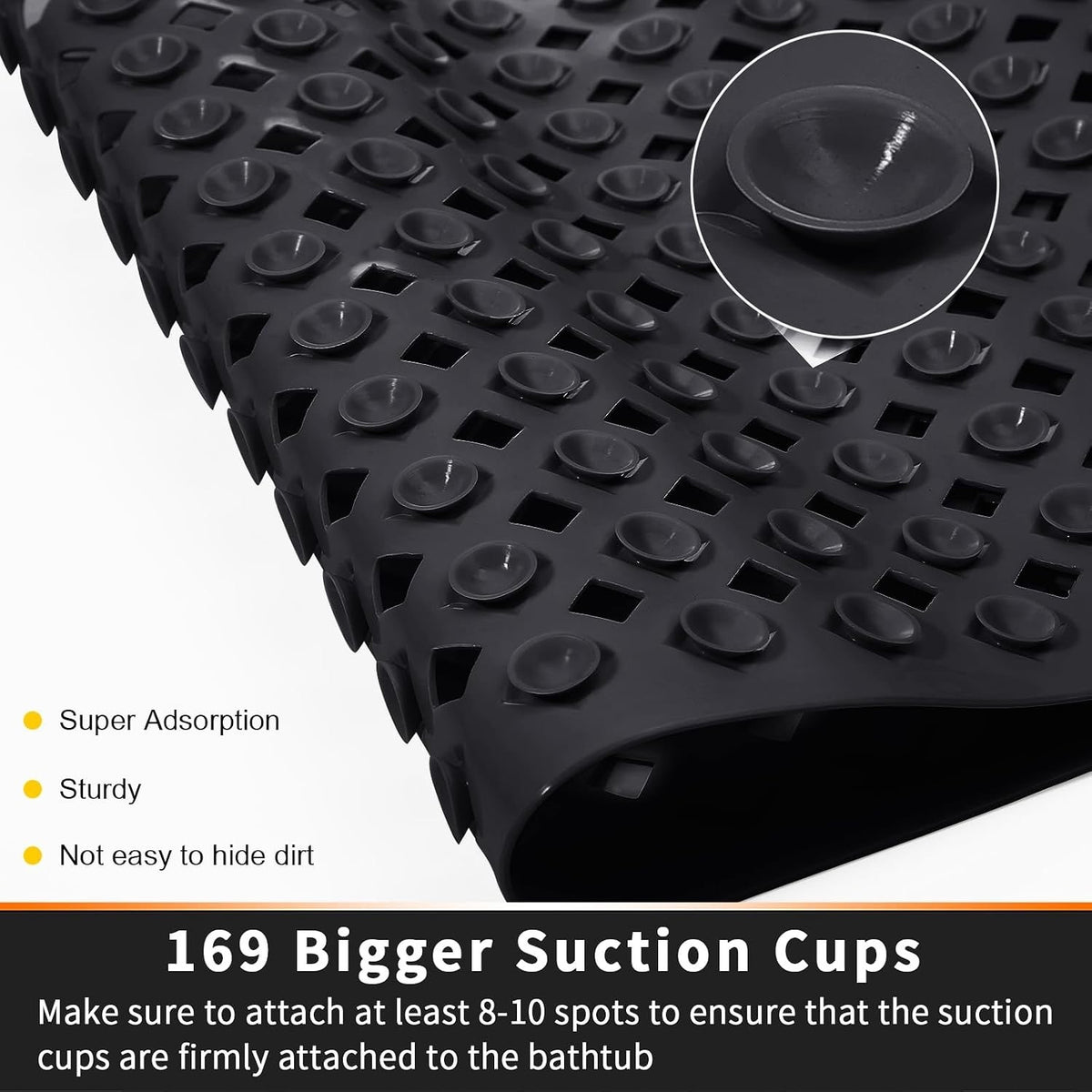 Yimobra Square Shower Mat Non Slip, Super Strong Suction Cups, 21"X21",Black