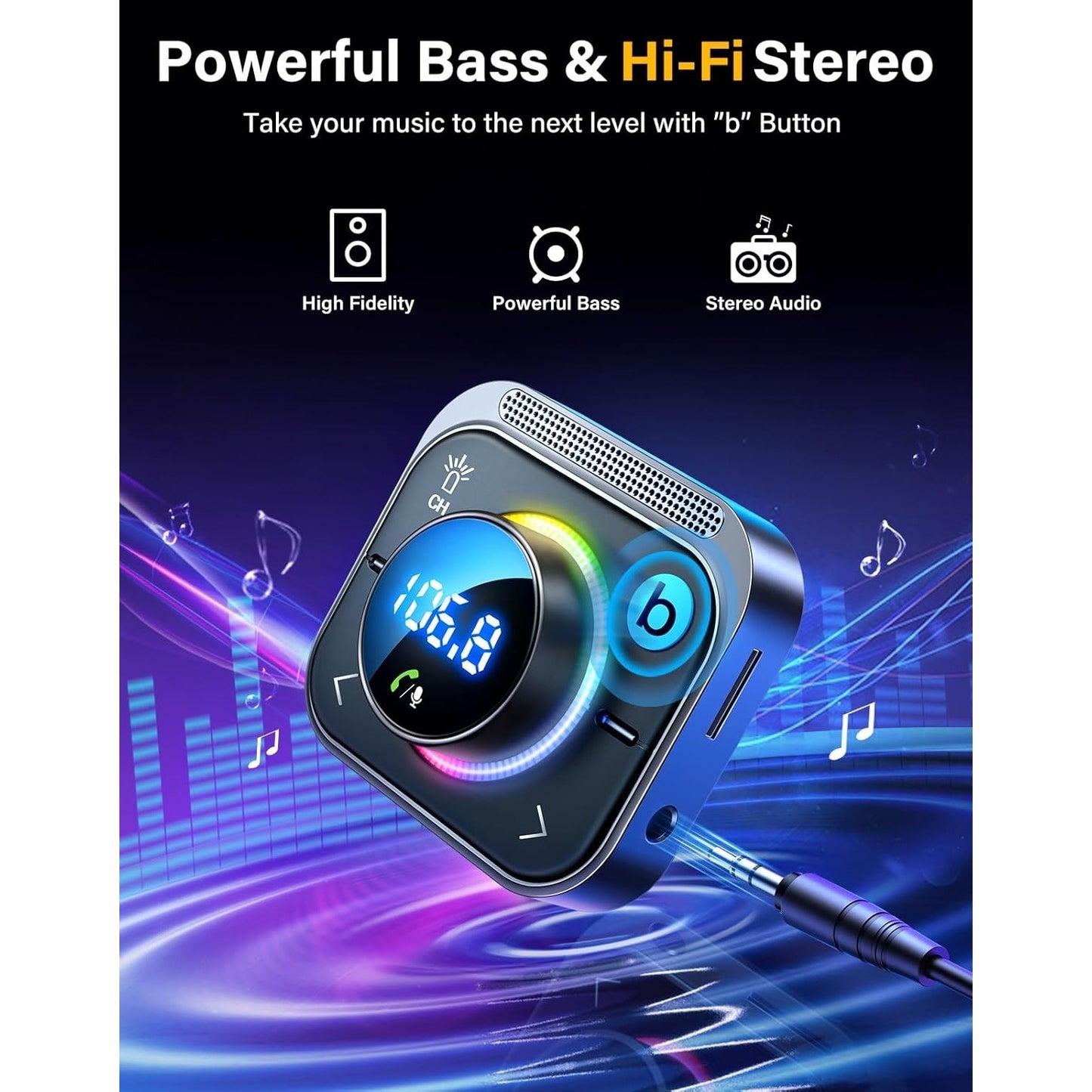 JOYROOM 66W Bluetooth 5.4 Car Adapter Aux With 3 Charging Ports?PD 30W & 2 * 18W??Air Vent Installation For Safe? Deep HiFi Bass Player Wireless Radio FM Transmitter For Car With Colorful LED Light.