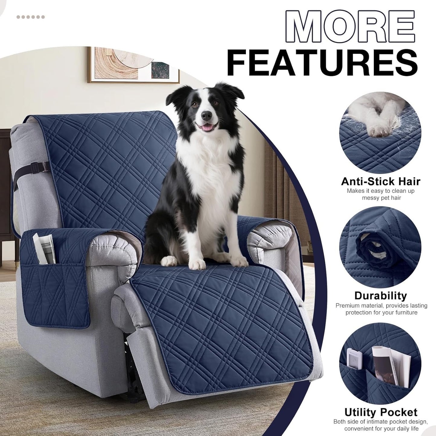 TAOCOCO 100% Waterproof Recliner Chair Cover, Non Slip(23.6'', Navy Blue)