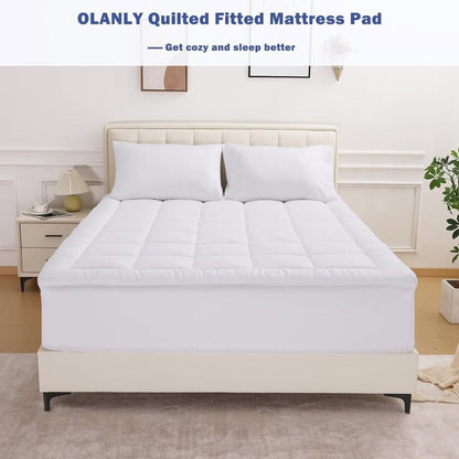 OLANLY Full Quilted Fitted Mattress Pad, Elastic Fitted Mattress Topper-White