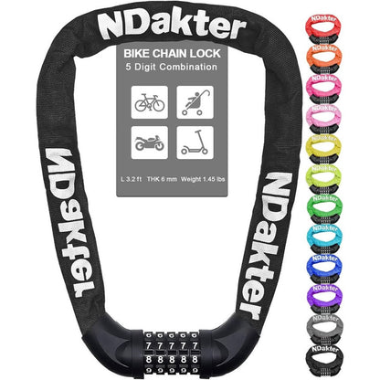 NDakter Bike Chain Lock, 5 Digit Combination Heavy Duty Anti Theft Bicycle-Black