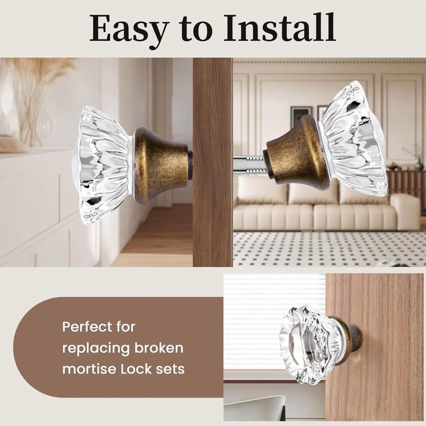 2 Pack Glass Door Knobs Interior Mortise Lock Replacement Set With Spindle