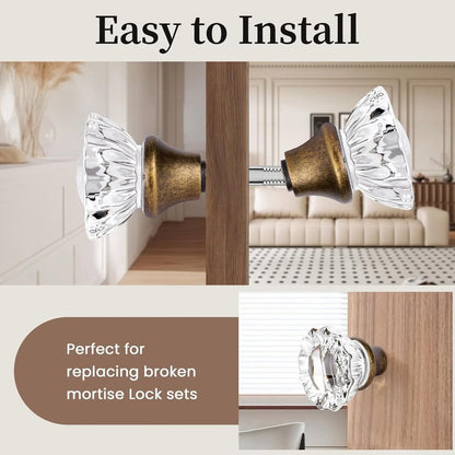 2 Pack Glass Door Knobs Interior Mortise Lock Replacement Set With Spindle