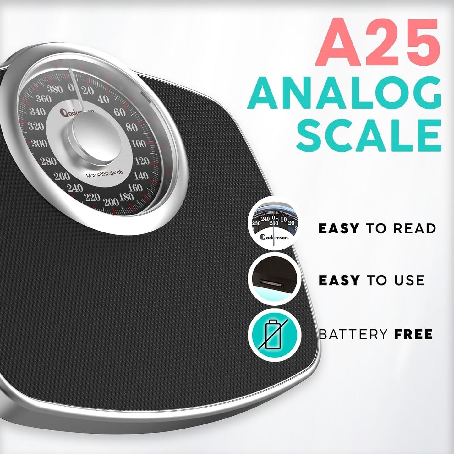Adamson A25 Scales For Body Weight - Up To 400 LB - New - 5.3" Dial On 12.4" X 10.2" Platform - Anti-Skid Rubber Surface - High Precision Bathroom Scale Analog - Durable With 20-Year Assurance - Black.