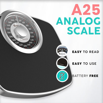Adamson A25 Scales For Body Weight - Up To 400 LB - New - 5.3" Dial On 12.4" X 10.2" Platform - Anti-Skid Rubber Surface - High Precision Bathroom Scale Analog - Durable With 20-Year Assurance - Black.