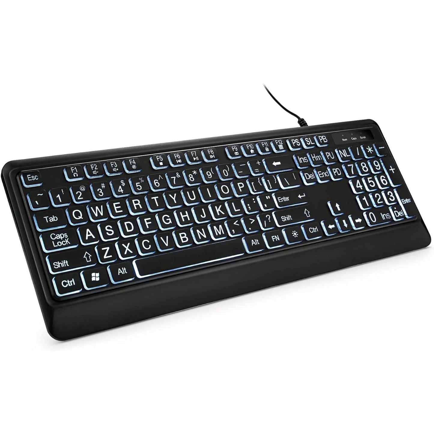 KOPJIPPOM Large Print Backlit Keyboard, USB Wired Computer Keyboard, Full Size Keyboard With White Illuminated LED Compatible For Windows Desktop, Laptop, PC, Gaming, Black