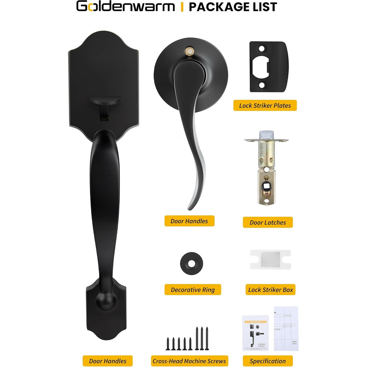 Goldenwarm Front Door Handle, Matte Black Door Handle Exterior No Lock
