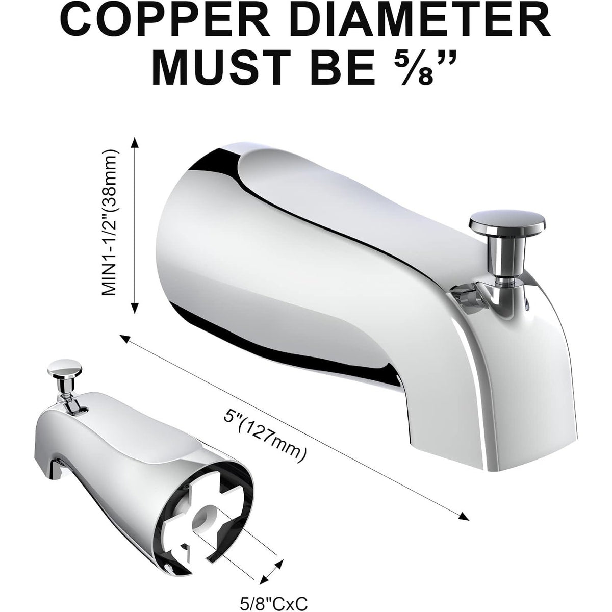 Universal Slip-On Tub Spout with Diverter, 5 in Chrome Bathtub Faucet-CHROME