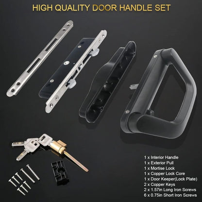 ALLYWASAI Sliding Patio Door Handle Set With Mortise Lock, Suitable For Sliding Glass Patio Door Thickness From 1.5in To 2in, 4-15/16" Screw Holes, Need To Drill, Reversible Design, Keyed, Black