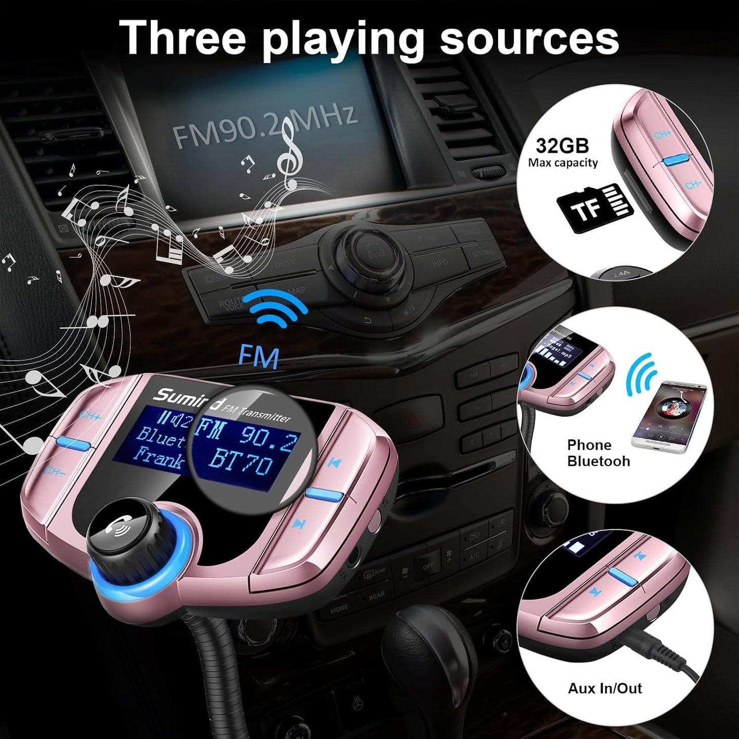 Upgraded Bluetooth FM Transmitter, Wireless Radio Adapter HandsFr(PD, Rose Gold)