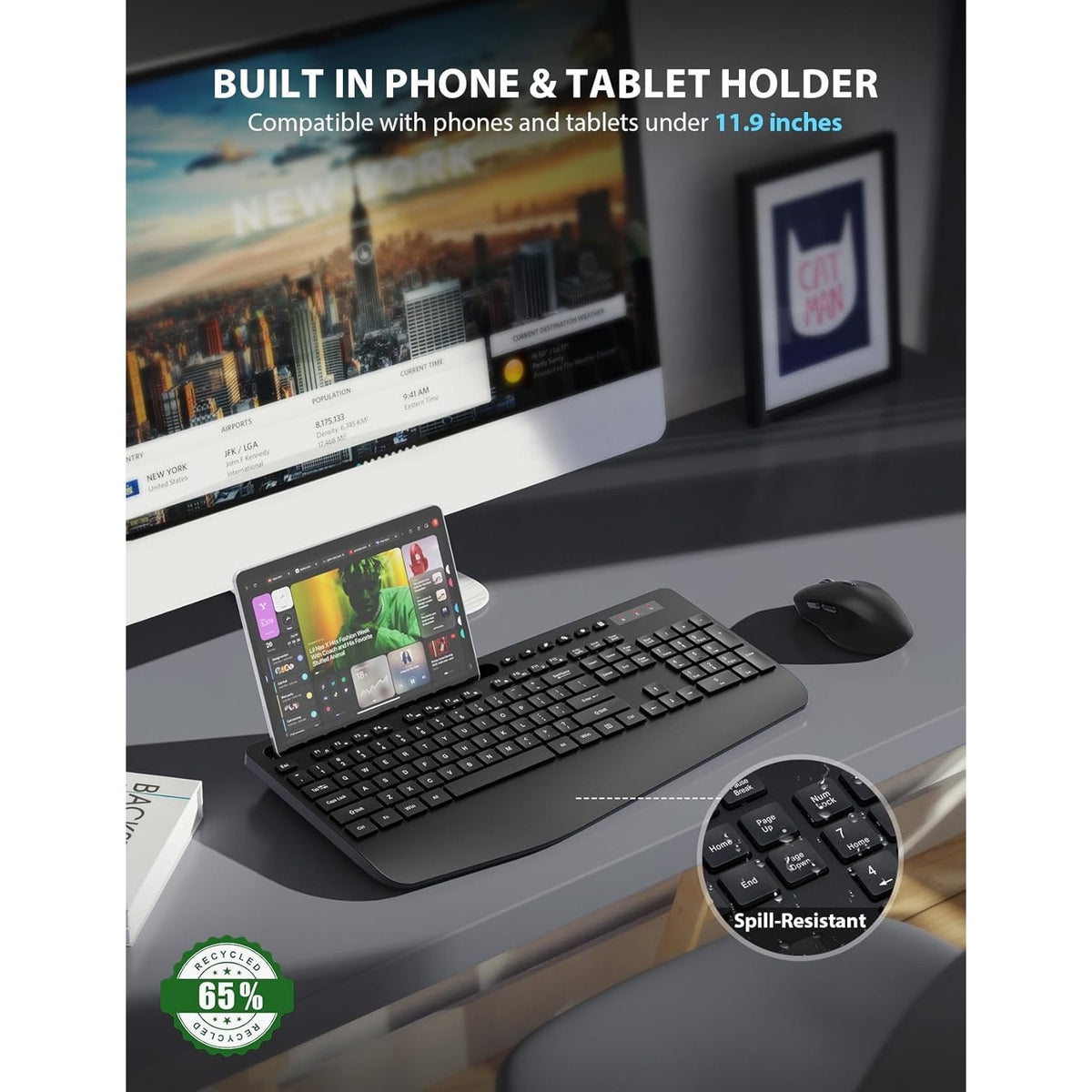 Wireless Keyboard And Mouse Combo - Full-Sized Ergonomic Keyboard With Wrist Rest, Phone Holder, Sleep Mode, Silent 2.4GHz Cordless Keyboard Mouse Combo For Computer, Laptop, PC, Mac, Windows -Trueque