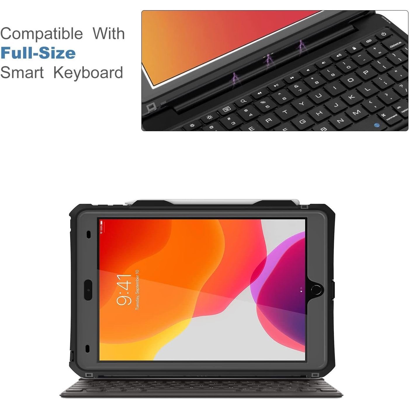 MRUOZRUI 10.2 Waterproof Case Compatible With IPad 9th 8th 7th Generation 2021/2020/2019, Built-In Screen Protector With Strap Stand Pencil Holder, Full Body Heavy Duty Protective Shockproof-Black/Gray. (small crack)