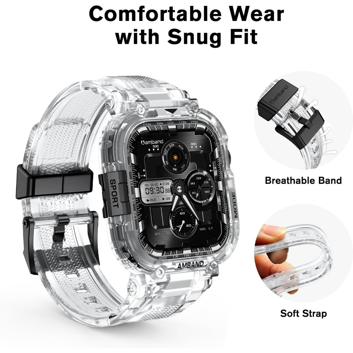 AmBand Bands Case Compatible With Apple Watch Series 11/10 46mm For Men- Clear