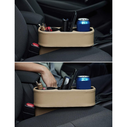 IOKONE Coin Side Pocket Console Side Pocket Leather Cover Car Cup Holder Auto Front Seat Organizer Cell Mobile Phone Holder (Beige with Yellow Undertone)