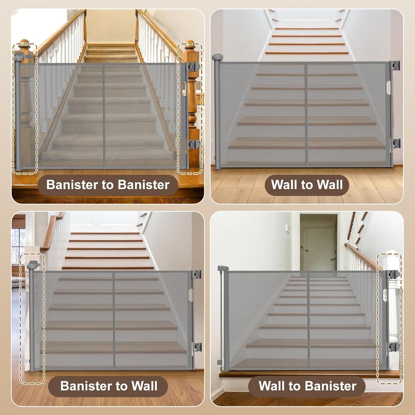 Upgraded Retractable Baby Gates For Stairs & Banister, Mesh Dog Gate (Gray)