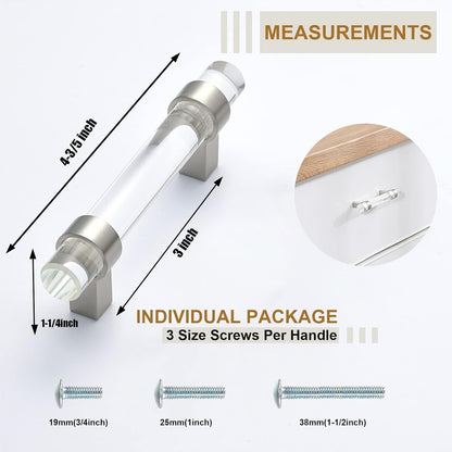 BonKuDoo 4 Pack Glass Drawer Pulls, Cabinet Handles, Crystal Dresser Pulls(3 Inch Hole Center), Brushed Nickel
