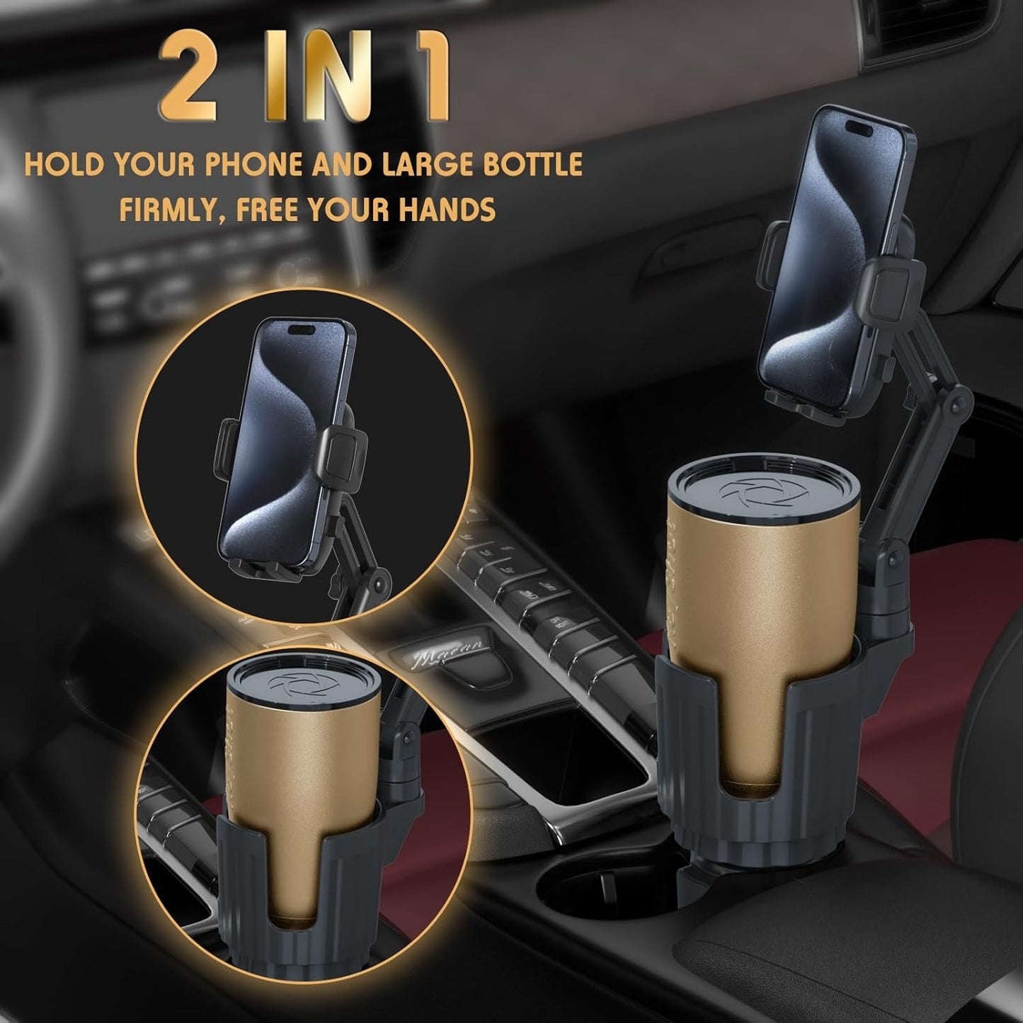 Phone Holders For Your Car, 2 In 1 Universal Cup Holder ExpanderAdjustable-Black