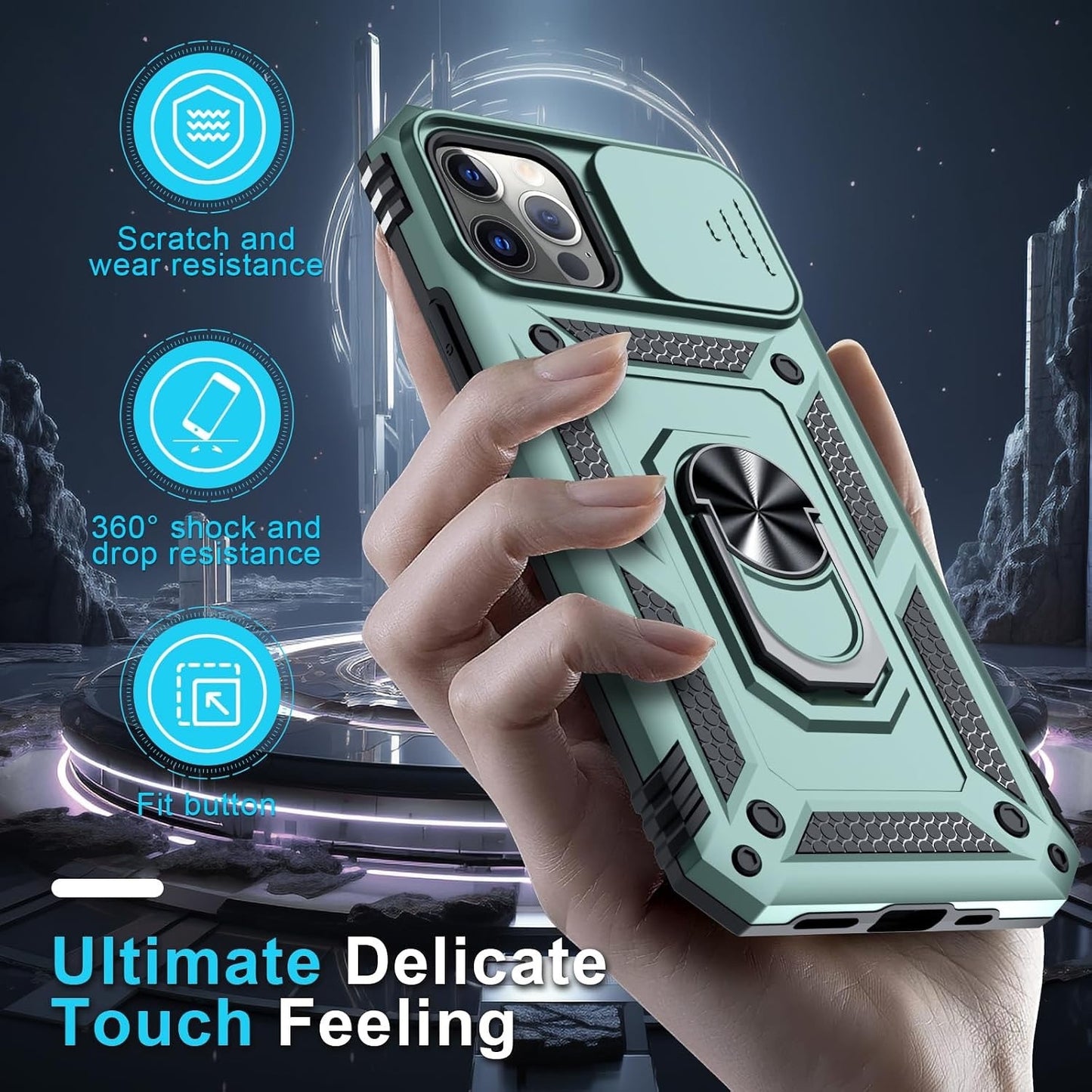 Janmitta Case For IPhone 11 Pro Max Phone Cover Built In Slide Camera Lens Cover+Screen Protector,Heavy Duty Shockproof Full Body PhoneCase With Finger Ring Holder Kickstand,Dark Green