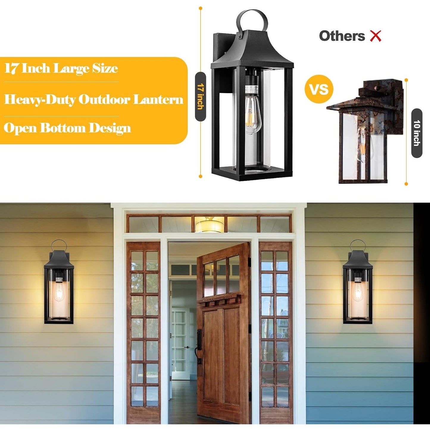 Roravilila 17 Inch Porch Light Large Black Outdoor Light Fixture With Cylindrical Clear Glass, IP65 Waterproof Exterior Lighting Fixture Outside Lantern For House Outdoor Wall Sconce, Matte Black.