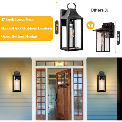 Roravilila 17 Inch Porch Light Large Black Outdoor Light Fixture With Cylindrical Clear Glass, IP65 Waterproof Exterior Lighting Fixture Outside Lantern For House Outdoor Wall Sconce, Matte Black.