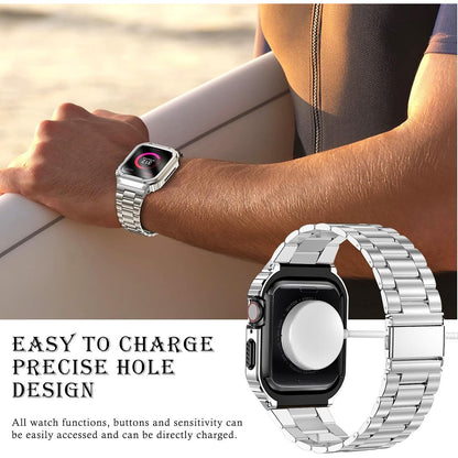 MioHHR Stainless Steel Band And Case Compatible With Apple Watch Band 46mm Series 11 10, Men Metal Protective Bumper Cover For IWatch 46mm Series 11/10, Silver.