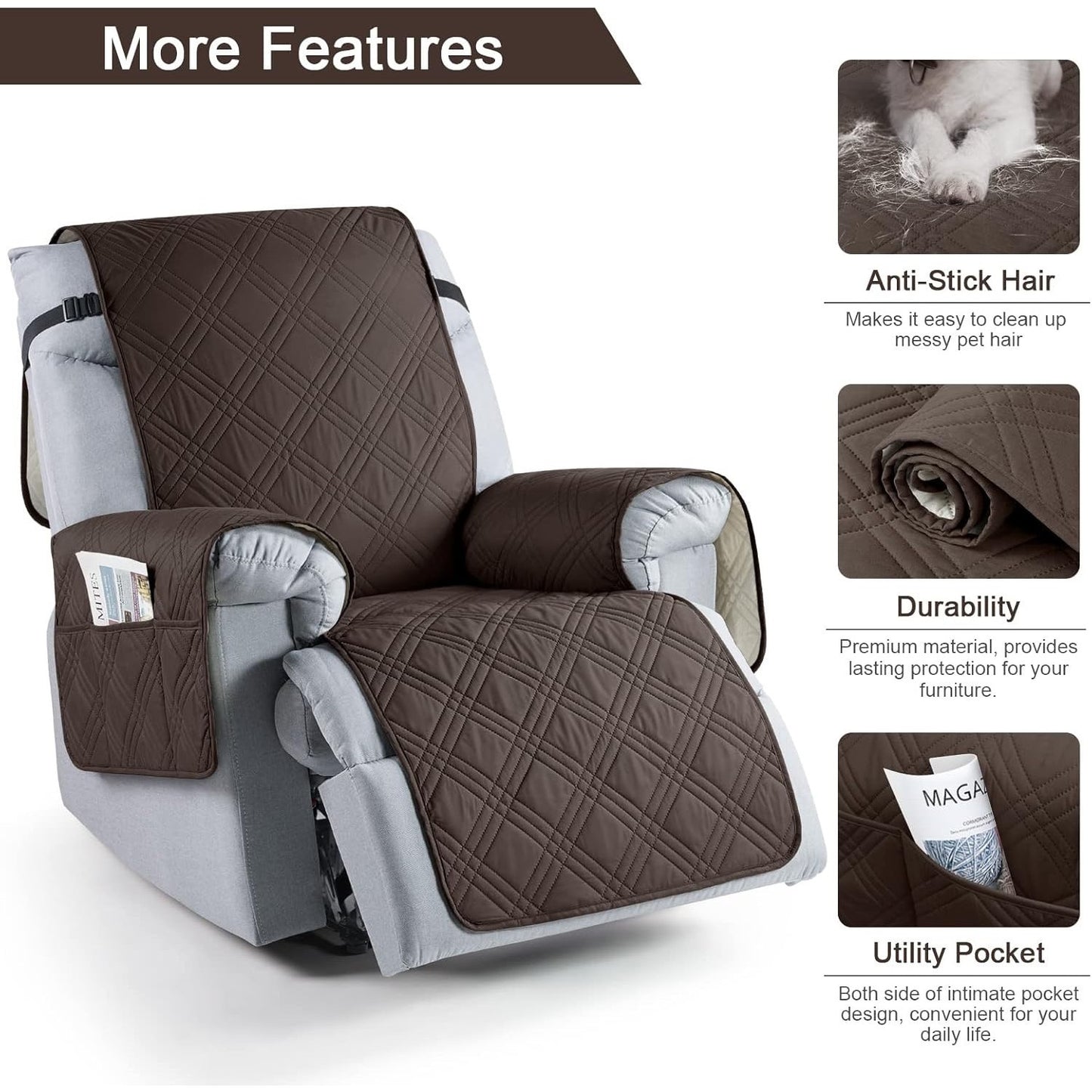 TAOCOCO Waterproof Recliner Chair Covers 30 Inch Wide, Oversized Recliner Covers For Recliner Chair With Pocket, Recliner Slipcovers With Straps Furniture Protector For Kids Pets (30'', Chocolate).