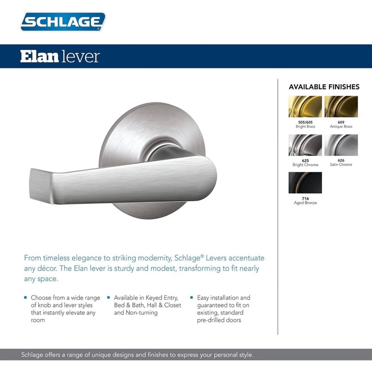 Schlage F40 ELA 626 Elan Door Lever, Bed & Bath Privacy Lock, Satin Chrome