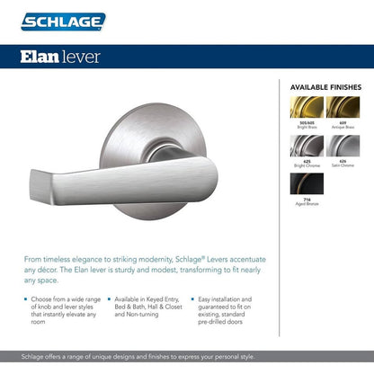 Schlage F40 ELA 626 Elan Door Lever, Bed & Bath Privacy Lock, Satin Chrome