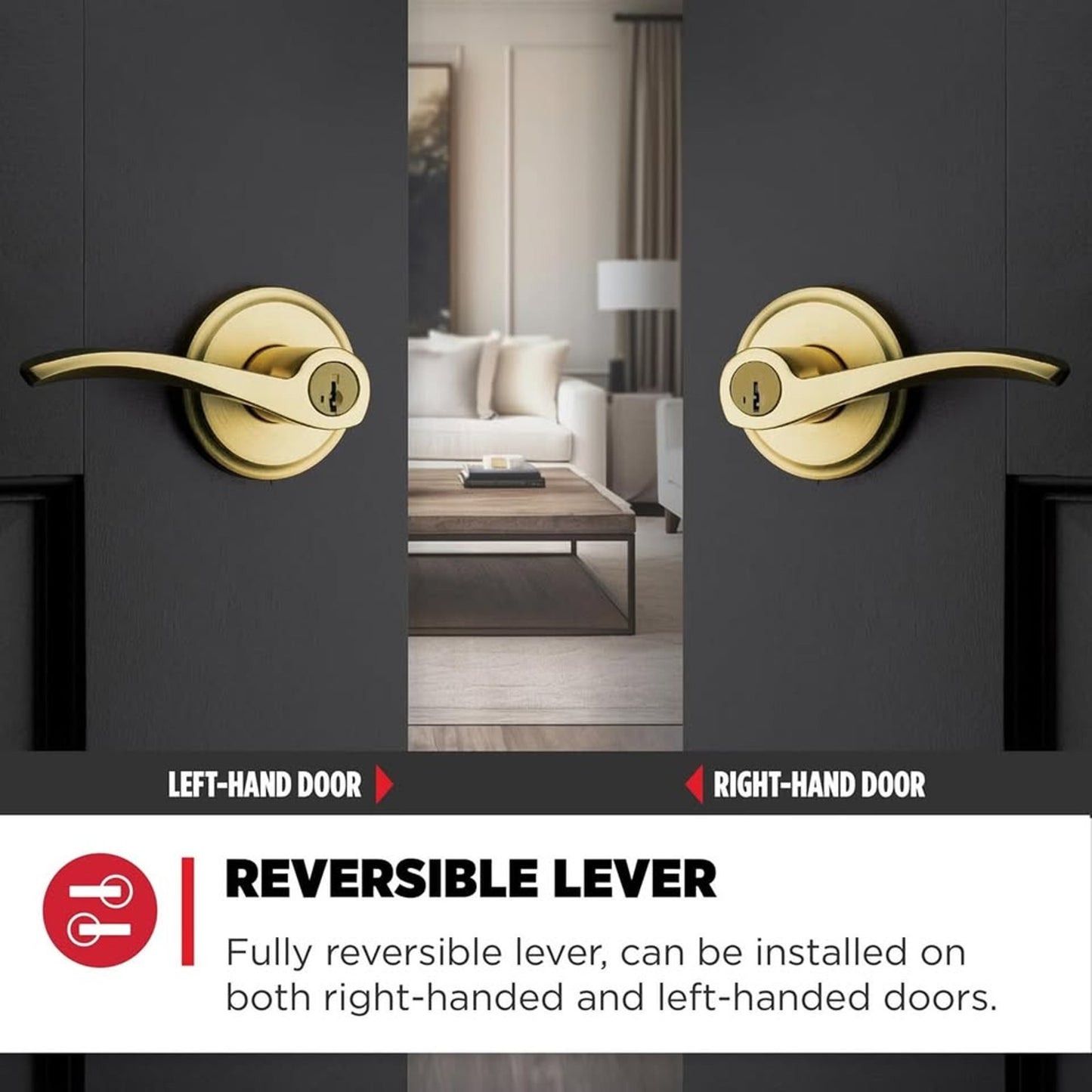 Kwikset Sedona Entry Door Handle With Lock And Key, Secure Keyed Reversible Lever Exterior, For Front Entrance And Bedrooms, Satin Brass, Pick Resistant Smartkey Rekey Security And Microban (No keys / Missing)