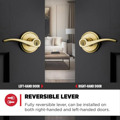 Kwikset Sedona Entry Door Handle With Lock And Key, Secure Keyed Reversible Lever Exterior, For Front Entrance And Bedrooms, Satin Brass, Pick Resistant Smartkey Rekey Security And Microban (No keys / Missing)